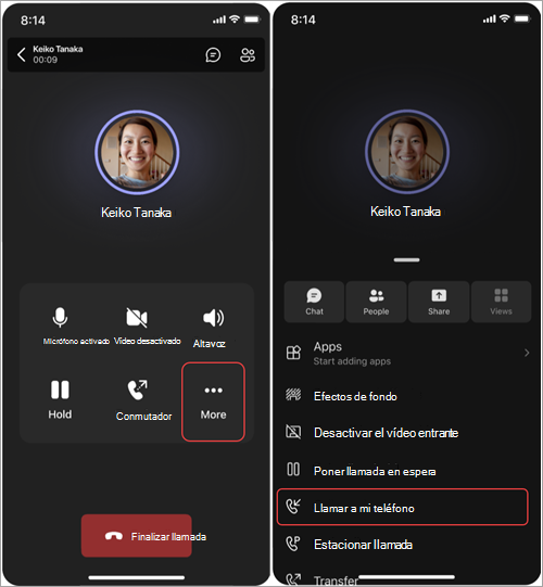 Captura de pantalla que muestra los pasos para mover la llamada de Teams Phone Mobile al teléfono móvil