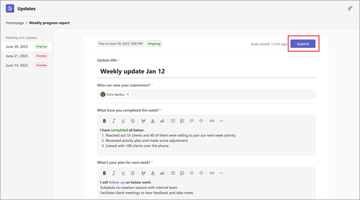 Una actualización que muestra el botón Enviar disponible