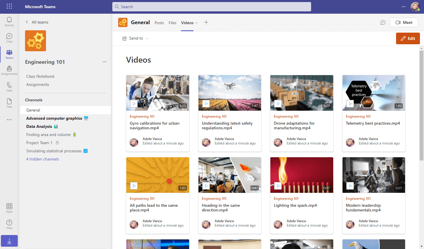 Ficha Vídeos en un canal de Teams que muestra miniaturas de vídeos recientes de los archivos de teams