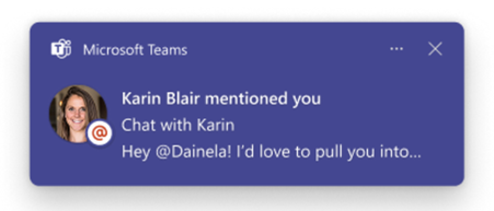 Captura de pantalla que muestra una vista previa de un mensaje en una notificación de mención de Teams.