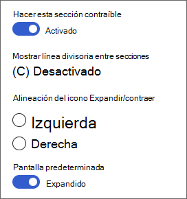 Captura de pantalla de opciones para secciones contraíbles en el cuadro de herramientas Sección.
