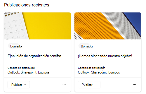 Captura de pantalla de publicaciones recientes de ejemplo en la página de información general.