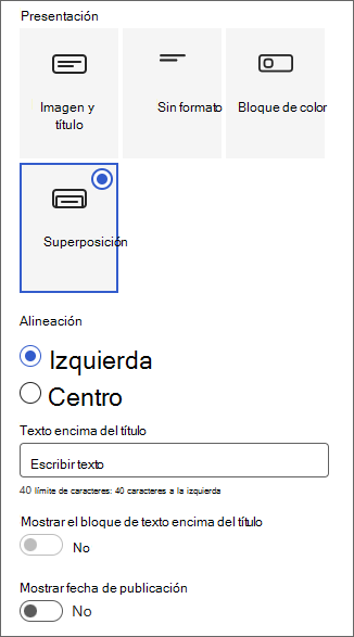 Captura de pantalla del panel de personalización del área título.