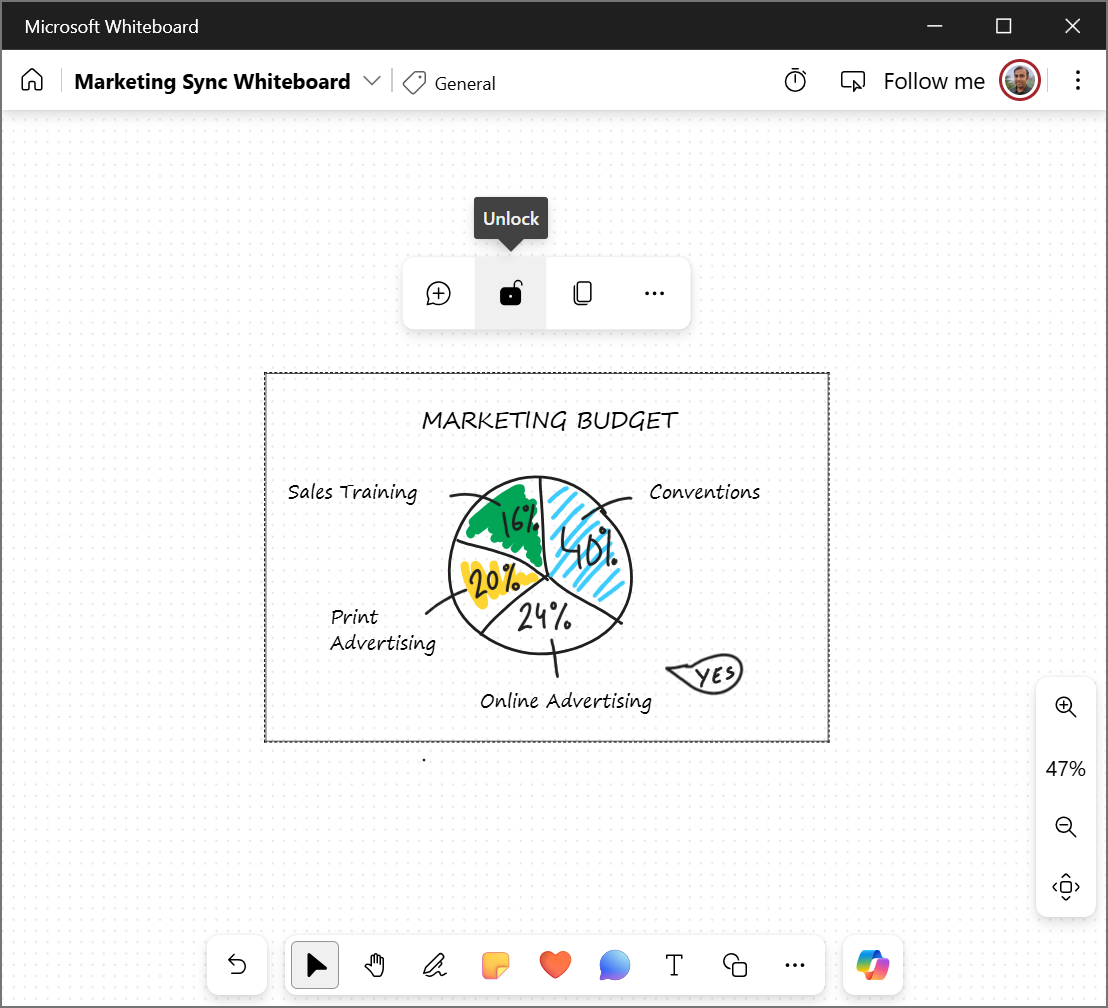 Una imagen que muestra cómo desbloquear algunos objetos en Whiteboard.