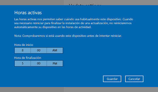 Captura de pantalla de la ventana de diálogo para cambiar las horas activas