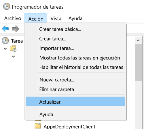 Seleccionar Actualización de acciones > en el Programador de tareas.