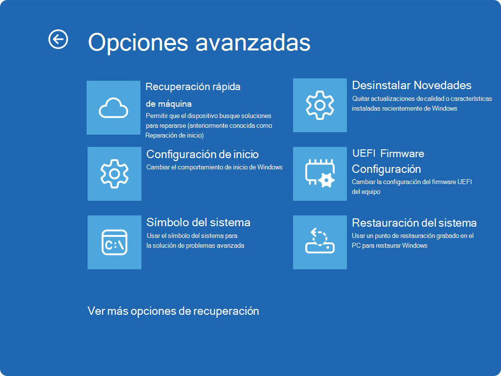 Captura de pantalla de Windows RE que muestra opciones avanzadas y la nueva entrada QMR.
