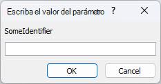 Muestra un ejemplo de un cuadro de diálogo inesperado Escribir valor de parámetro en Access, con un identificador denominado SomeIdentifier, un campo en el que se va a escribir un valor, y botones Aceptar y Cancelar.