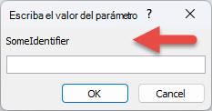 Muestra un ejemplo de un cuadro de diálogo inesperado Escribir valor de parámetro, con una flecha roja que apunta a la etiqueta de identificador SomeIdentifier, un campo en el que se va a escribir un valor, y botones Aceptar y Cancelar.