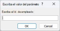 Muestra un ejemplo de un cuadro de diálogo esperado Escribir valor de parámetro en Access, con un identificador con la etiqueta Escribir id. de empleado, un campo en el que se va a escribir un valor, y los botones Aceptar y Cancelar.