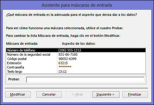 Asistente para máscaras de entrada en base de datos de escritorio de Access