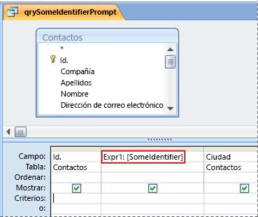 Consulta que contiene una expresión que hace que el cuadro de diálogo Introduzca el valor del identificador aparezca