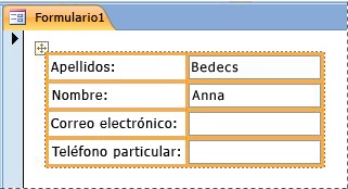 Campos contenidos en un diseño apilado en un formulario