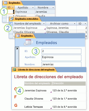 Datos de tablas utilizados en una consulta, formulario e informe