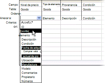 Lista despegable en la fila Anexar a