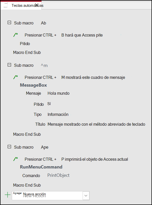 Tres submacros en una macro de Access denominada AutoKeys
