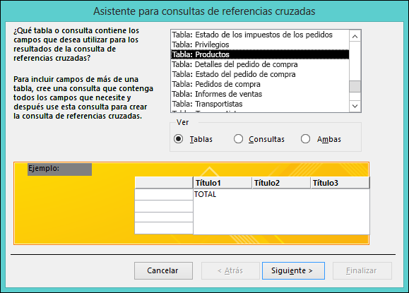 En el Asistente para consultas de referencias cruzadas, seleccione una tabla o una consulta.