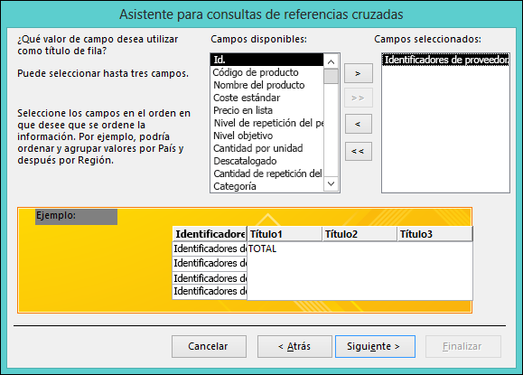Seleccione un campo para mostrarlo como encabezados de fila en el Asistente para consultas de referencias cruzadas.