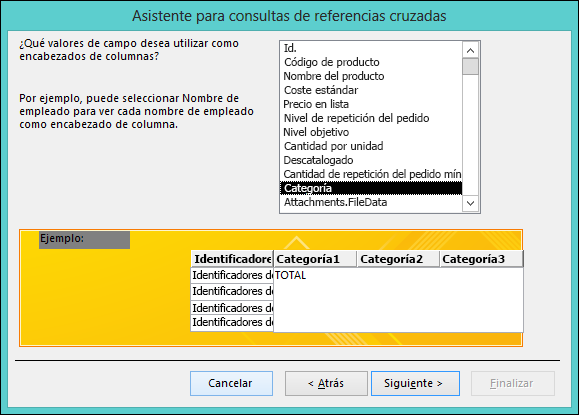 Seleccione un campo para mostrarlo como encabezados de fila en el Asistente para consultas de referencias cruzadas.