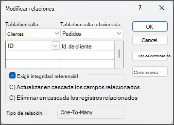 Cuadro de diálogo Modificar relaciones en Access con los campos de combinación Clientes y Pedidos