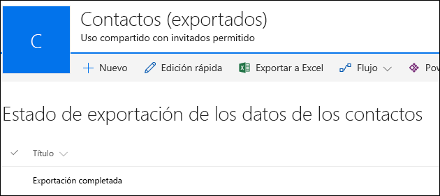 Lista de SharePoint con el registro titulado Exportación completada