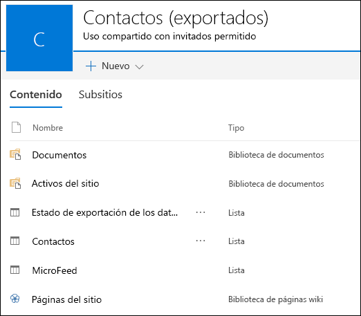 Página de subsitios de SharePoint que contiene listas de la aplicación web de Access exportada