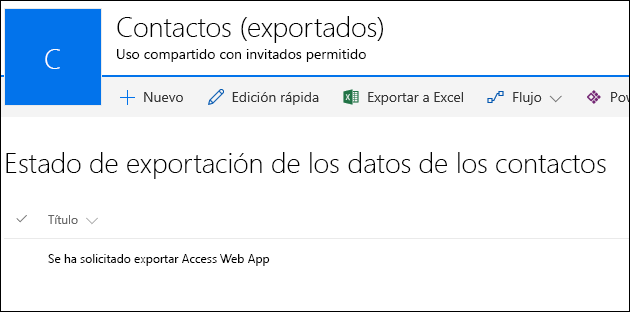 Lista de SharePoint con el registro titulado Solicitado para exportar la aplicación web de Access