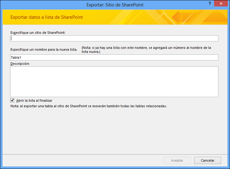 Especifique un sitio de SharePoint para exportar la tabla o consulta de Access.