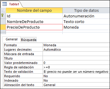Aparece una regla de validación de campo en el Diseñador de tablas de Access