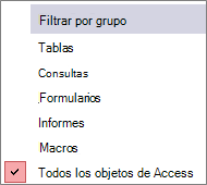 Menú Filtro por grupo del panel de navegación