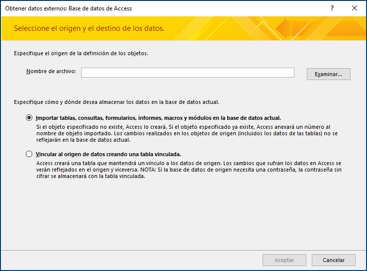 Captura de pantalla del asistente para importar Datos externos: Base de datos de Access.