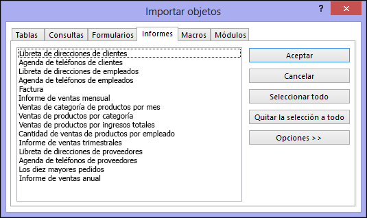 Cuadro de diálogo Importar objetos en una base de datos de Access