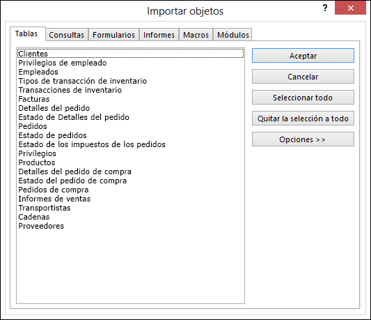 Seleccione los objetos que desea importar en el cuadro de diálogo Importar objetos