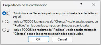 Cuadro de diálogo Propiedades de la combinación en Access con tres opciones de combinaciones. se selecciona la primera opción que indica que solo se incluirán las filas en las que los campos combinados de ambas tablas sean iguales.