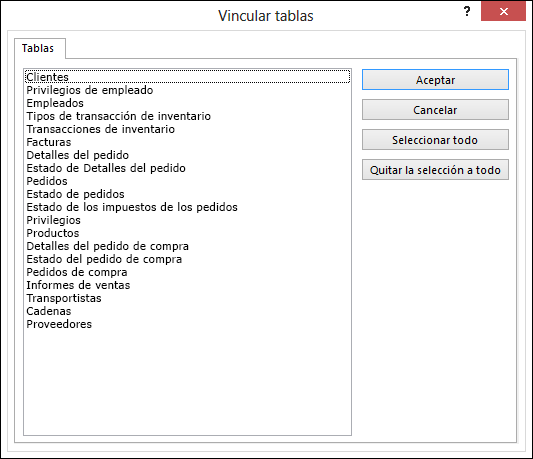 Seleccione una tabla a la que crear un vínculo en el cuadro de diálogo Vincular tablas