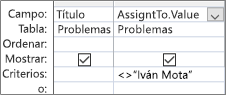 Cuadrícula Diseño de consulta con . Formato de valor para el campo de búsqueda
