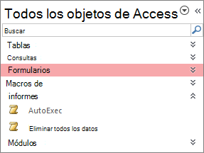 El panel de navegación de Access
