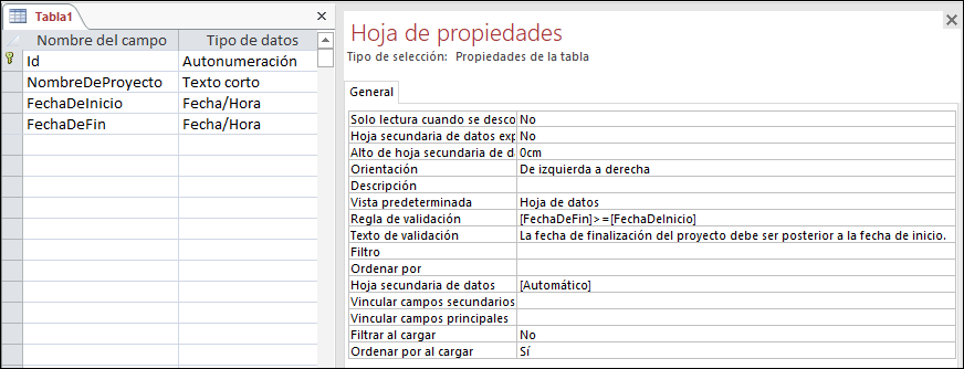 Una regla de validación de tabla del Diseñador de tablas de Access.