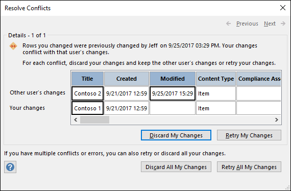 Use las opciones disponibles en el cuadro de diálogo Resolver conflictos para resolver conflictos de datos.