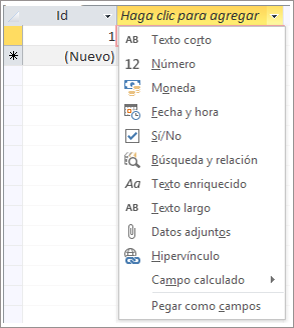fragmento de código de pantalla del menú desplegable Haga clic para agregar un tipo de datos