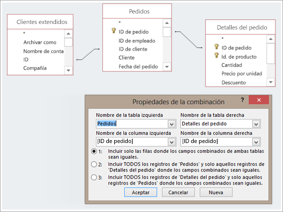 Captura de pantalla de tres tablas y sus Propiedades de la combinación