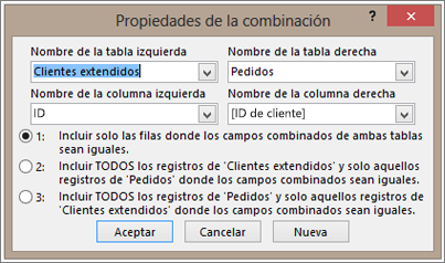 Captura de pantalla de Propiedades de la combinación resaltando el nombre de tabla de la izquierda