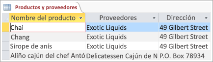 Fragmento de pantalla de datos de productos y proveedores