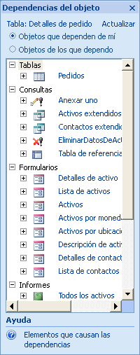 El panel Dependencias del objeto