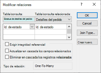 Cuadro de diálogo Modificar relaciones con una relación existente