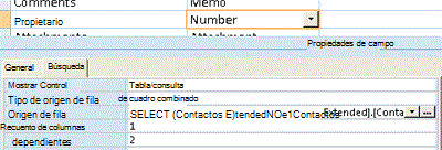 Captura de pantalla que muestra el uso de una tabla o consulta como origen de datos de un campo de búsqueda.