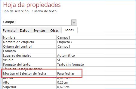 Mostrar la propiedad de selector de fecha en la hoja de propiedades de un formulario