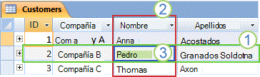 Tabla de clientes en Access que muestra el diseño de los registros y los campos