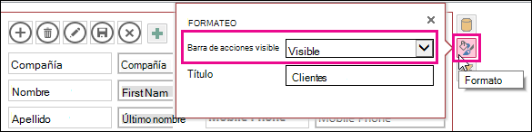 Propiedad visible de la barra de acciones en el menú de formato