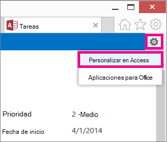 Comando Personalizar en Access en el menú de engranaje de configuración